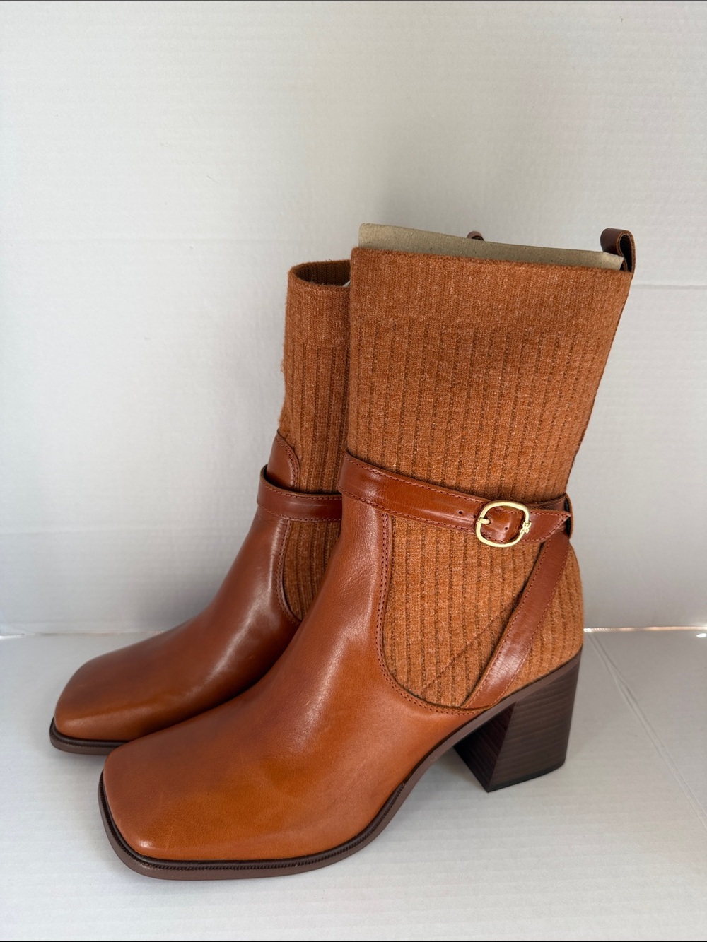 Sam Edelman Marci Knit Sock Ankle Boots Brown Leather Size 10